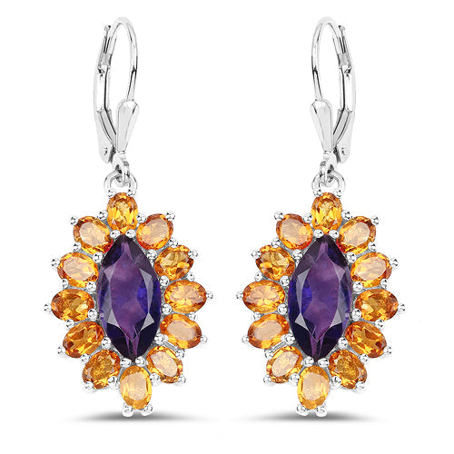 6.54 Carat Genuine Amethyst &amp; Madeira Citrine .925 Sterling Silver Earrings
