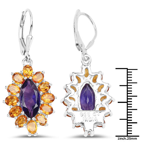 6.54 Carat Genuine Amethyst &amp; Madeira Citrine .925 Sterling Silver Earrings
