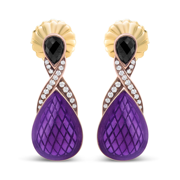 18K Rose Gold Flash Plated .925 Sterling Silver Purple Enamel 1/5 Cttw Round Pave-Set Diamond and 5.5 x 4mm Pear-Shaped Black Onyx Drop Earrings (F-G Color, VS1-VS2 Clarity)
