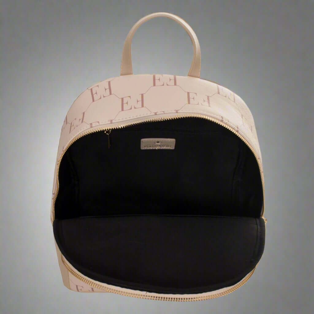 Beige backpack with black interior on a white background