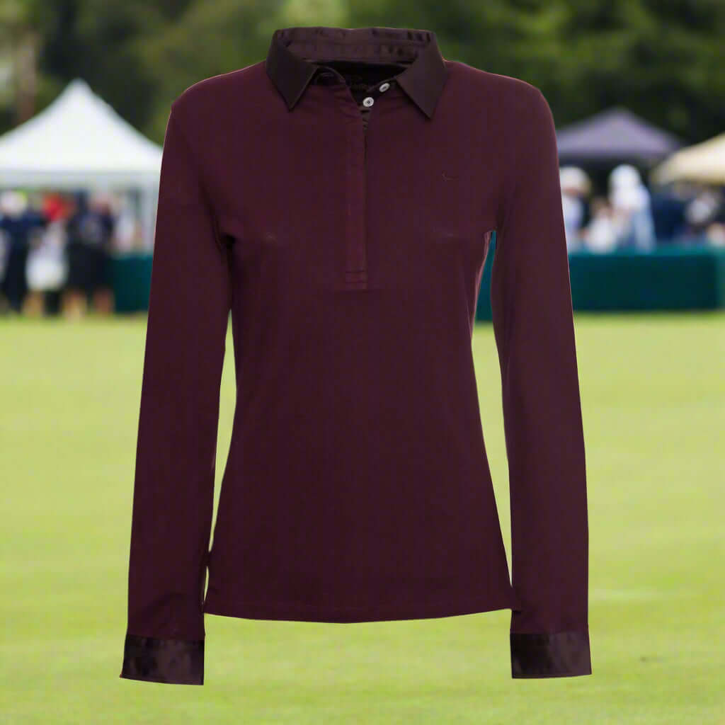 Maroon long-sleeve shirt with black collar on a white background
