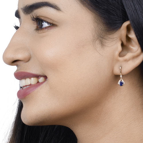 0.86 Carat Genuine Blue Sapphire and White Diamond 14K Yellow Gold Earrings