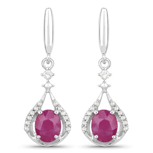 0.70 Carat Genuine Ruby and White Diamond 14K White Gold Earrings