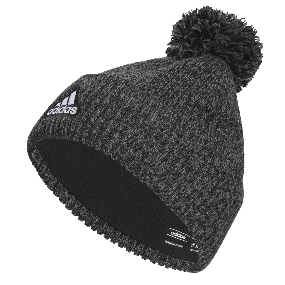adidas Mens Recon Ballie Beanie Standard fit Cuffed Fleece-Lined Winter Knit hat/Cap with pom Black-Onix Grey/Black/White