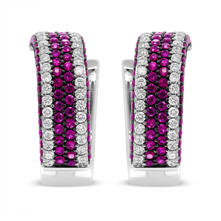 18K White Gold 1 7/8 Cttw Diamond and 1mm Round Red Ruby Open Swish Hoop Earrings (F-G Color, VS1-VS2 Clarity)
