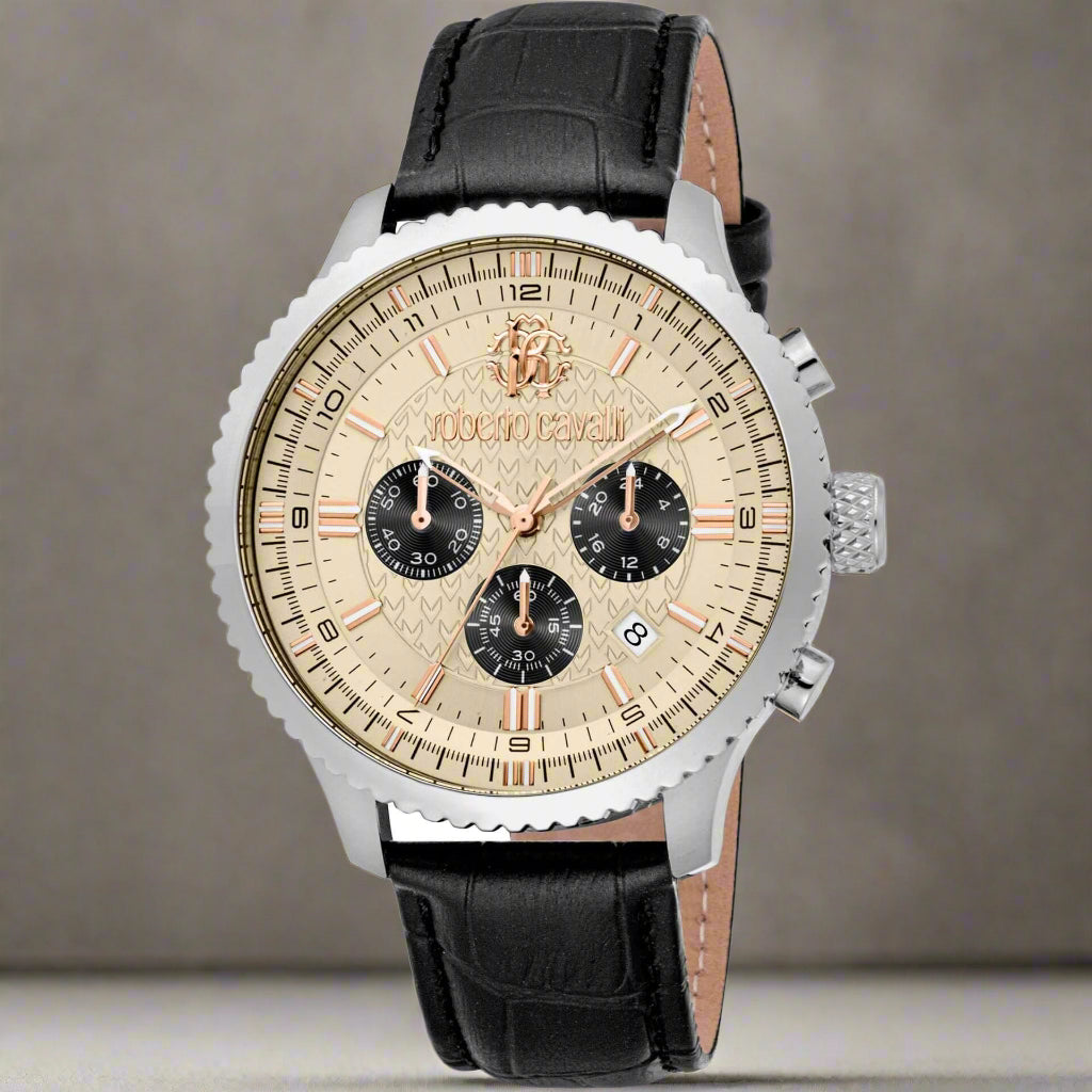 Roberto Cavalli men's chronograph watch features a quartz movement, analog dial, stainless steel case, and leather strap.