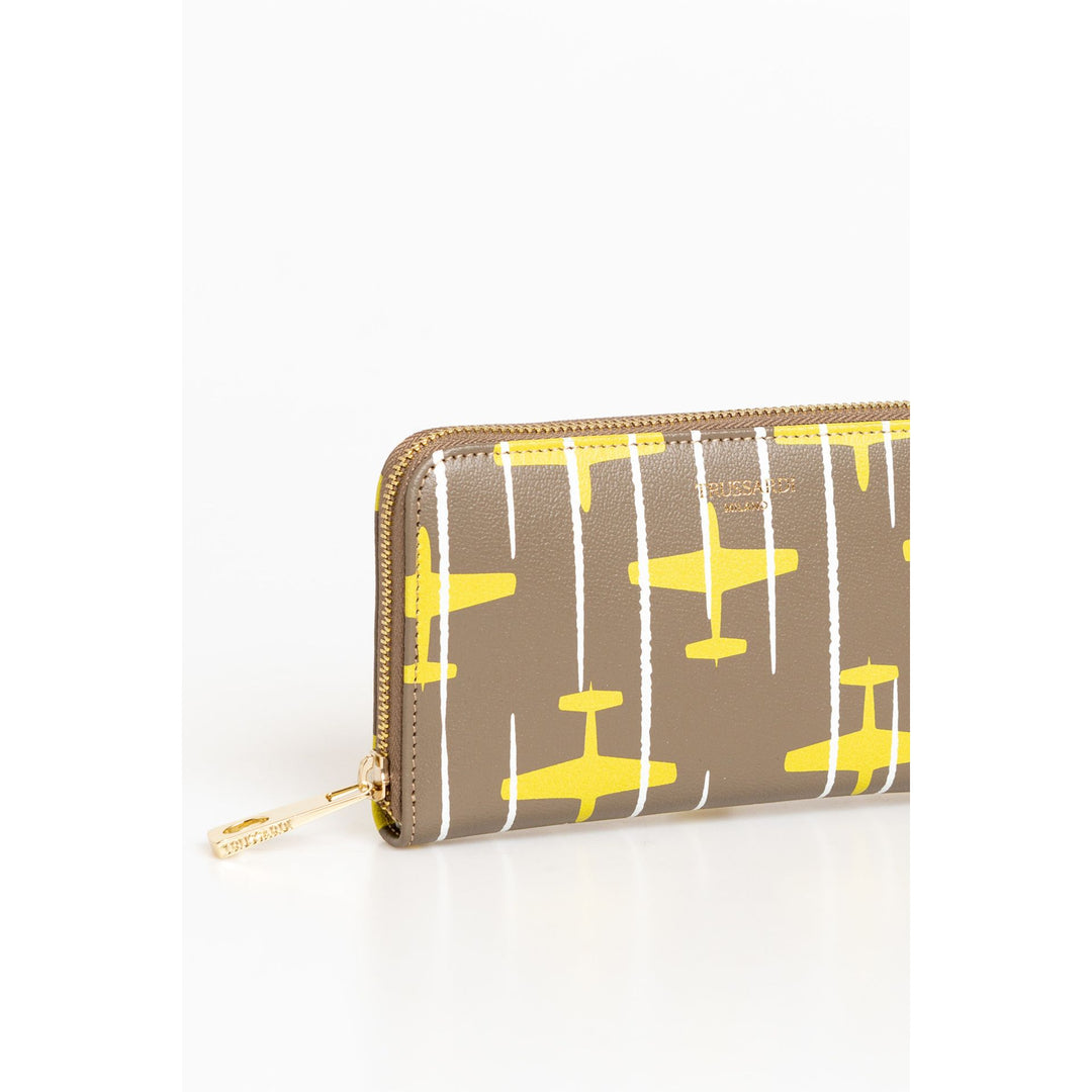 A Trussardi wallet with a yellow and brown geometric pattern and a zipper fastening.