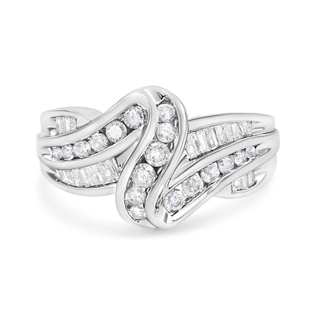 10K White Gold Ring 3/4 Cttw Round and Baguette-Cut Diamond Bypass Ring (H-I Color, I2-I3 Clarity) - Size 6