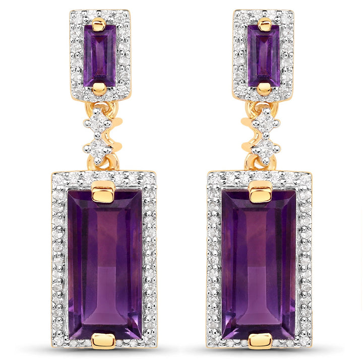 18K Yellow Gold Plated 6.01 Carat Genuine Emerald and White Topaz .925 Sterling Silver Earrings