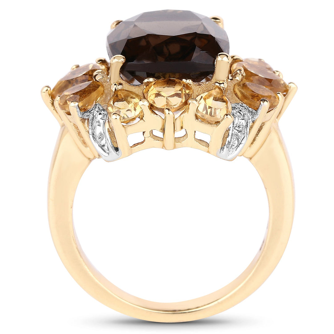 14K Yellow Gold Plated 7.10 Carat Genuine Smoky Quartz, Citrine & White Topaz Brass Ring