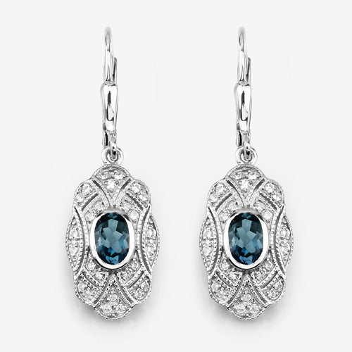 1.32 Carat Genuine London Blue Topaz and White Topaz .925 Sterling Silver Earrings