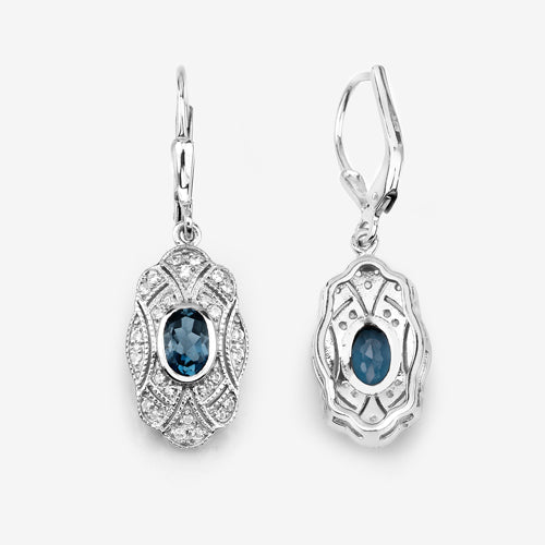 1.32 Carat Genuine London Blue Topaz and White Topaz .925 Sterling Silver Earrings