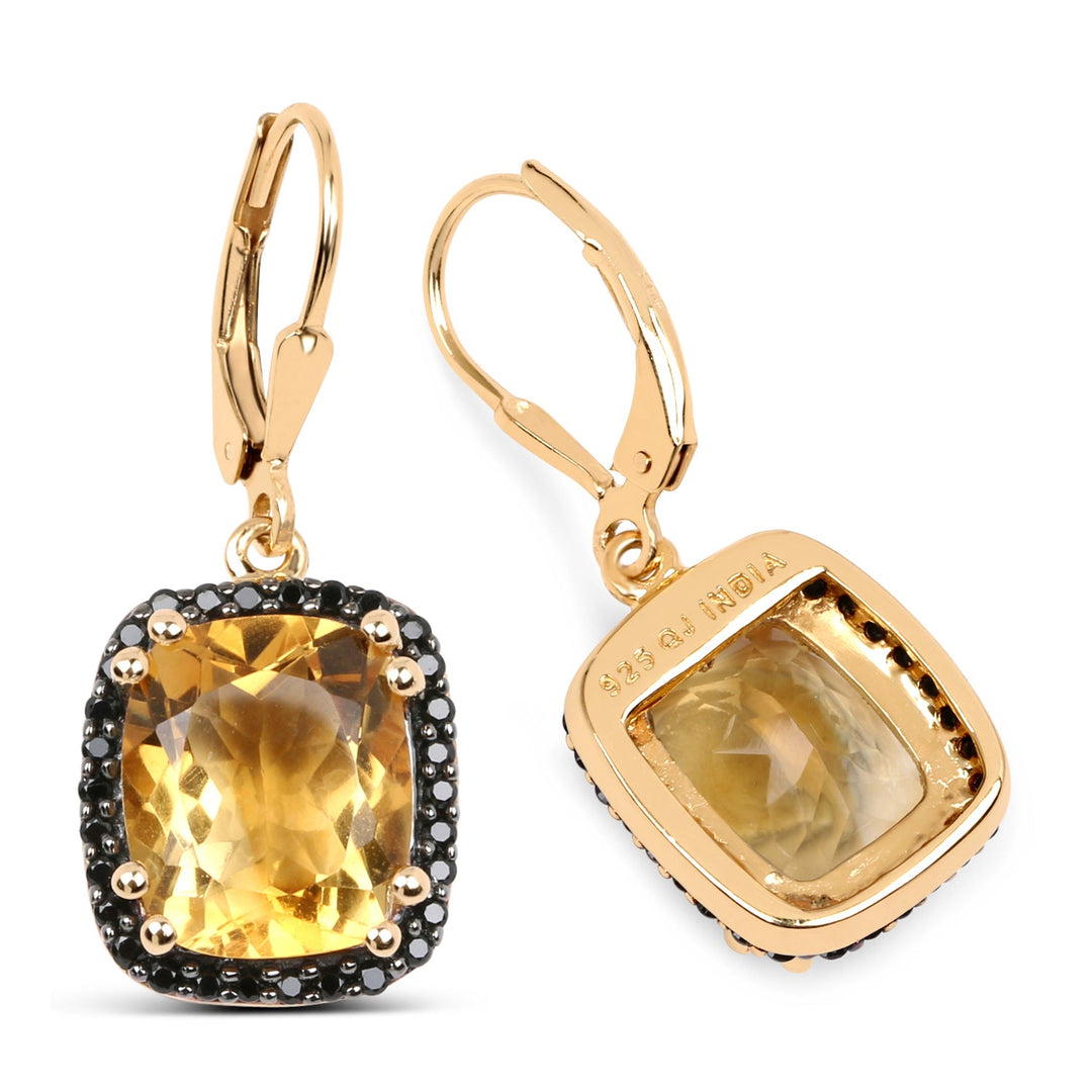 14K Yellow Gold Plated 8.90 Carat Genuine Citrine &amp; Black Spinel .925 Sterling Silver Earrings