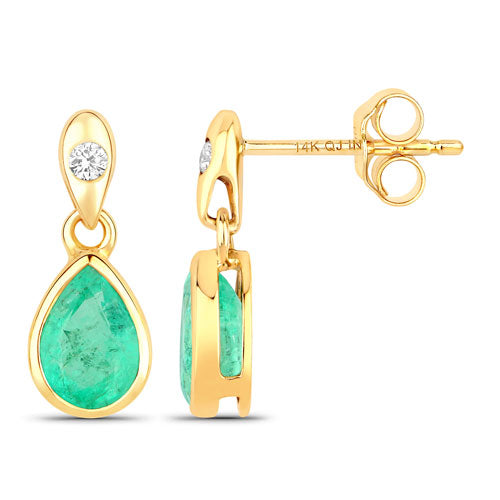 1.35 Carat Genuine Zambian Emerald and White Diamond 14K Yellow Gold Earrings