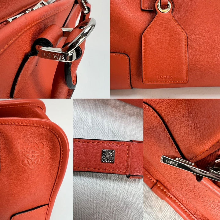 Collage of a red leather handbag with visible branding details on a light gray background.