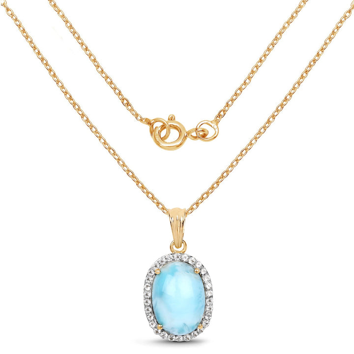 14K Yellow Gold Plated 13.55 Carat Genuine Larimar and White Topaz .925 Sterling Silver Pendant