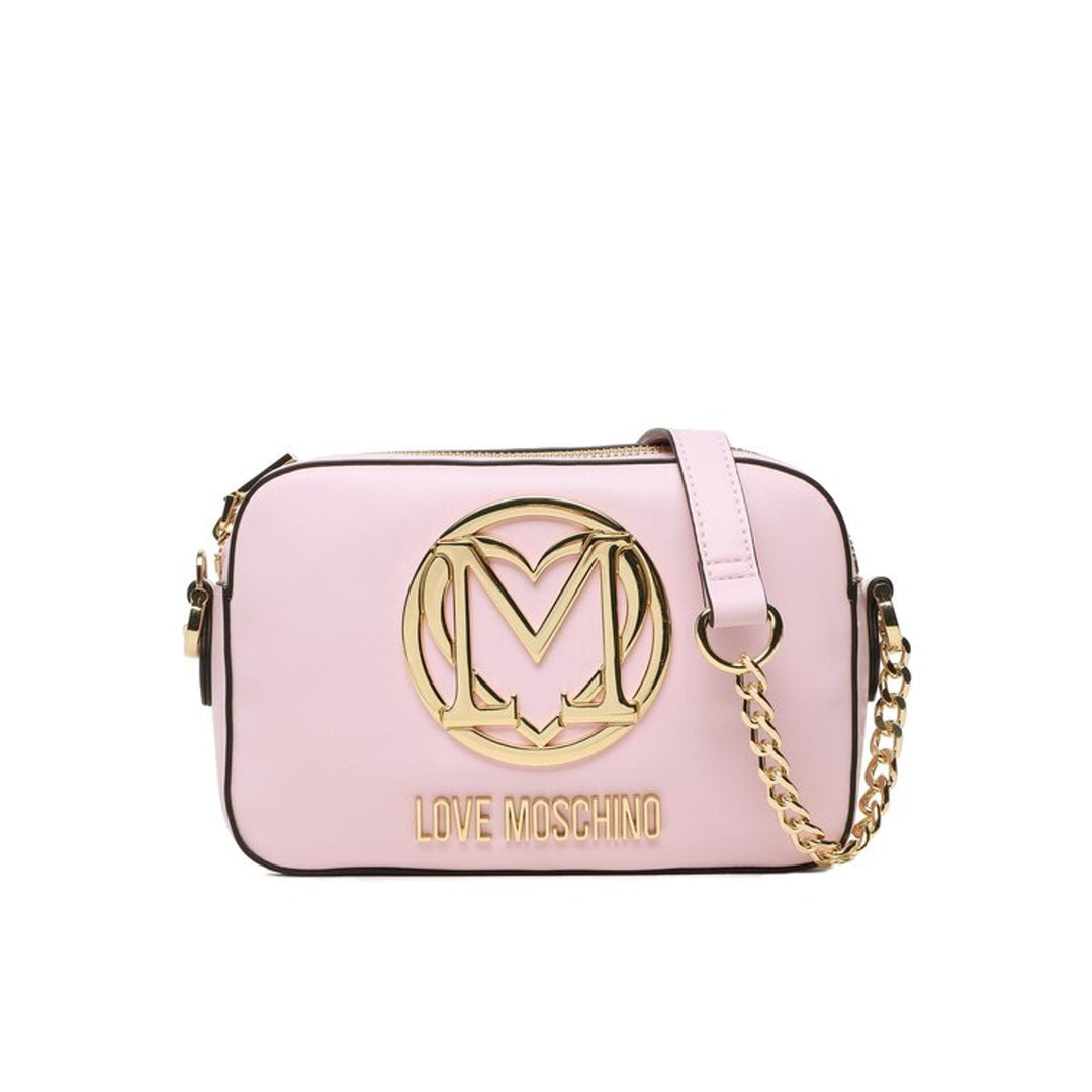 A pink Love Moschino crossbody bag with a visible logo and a chain shoulder strap.