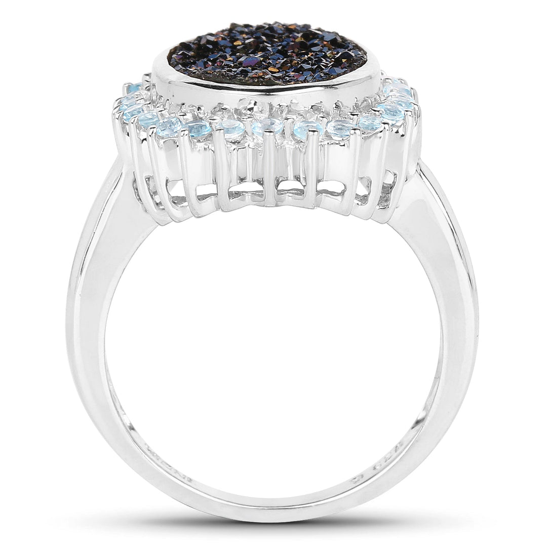 3.68 Carat Genuine Cobalt Blue Drusy &amp; Swiss Blue Topaz .925 Sterling Silver Ring
