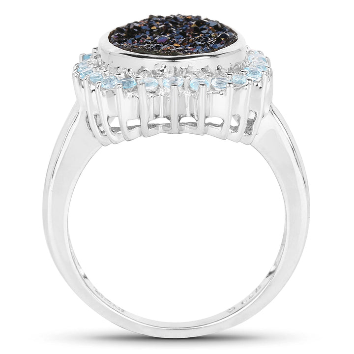 3.68 Carat Genuine Cobalt Blue Drusy &amp; Swiss Blue Topaz .925 Sterling Silver Ring