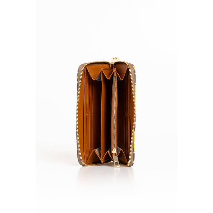 A Trussardi wallet with a yellow and brown geometric pattern and a zipper fastening.