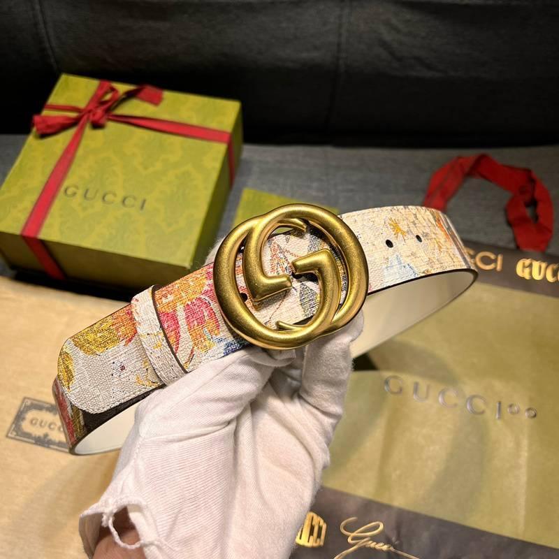 Gucci Guccissima Leather Floral Print Double Gold G Buckle Woman Belt &