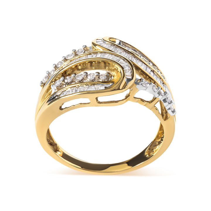 10K Yellow Gold 1/2 Cttw Round and Baguette cut Diamond Open Space Bypass Ring (H-I Color, SI2-I1 Clarity) - Ring Size 7