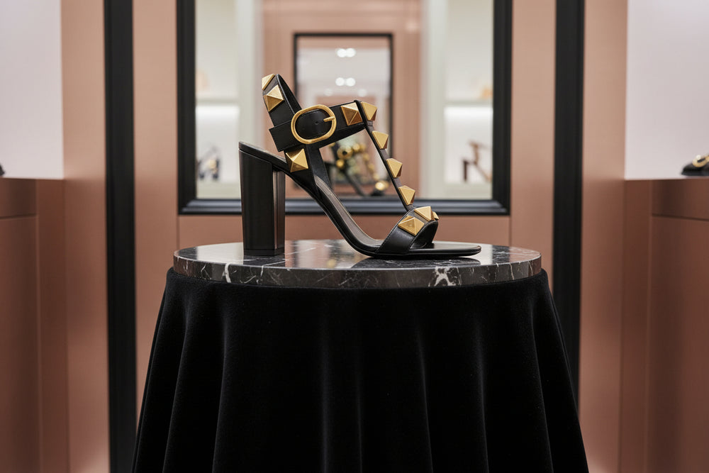 Black sandal with gold accents on a white background