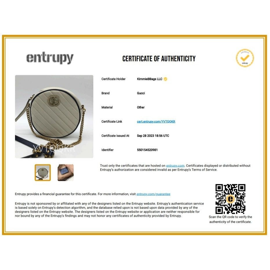 Entrupy certificate of authenticity for a Gucci handbag with QR code and branding.