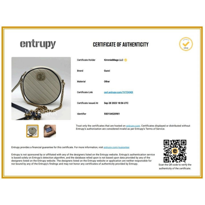 Entrupy certificate of authenticity for a Gucci handbag with QR code and branding.