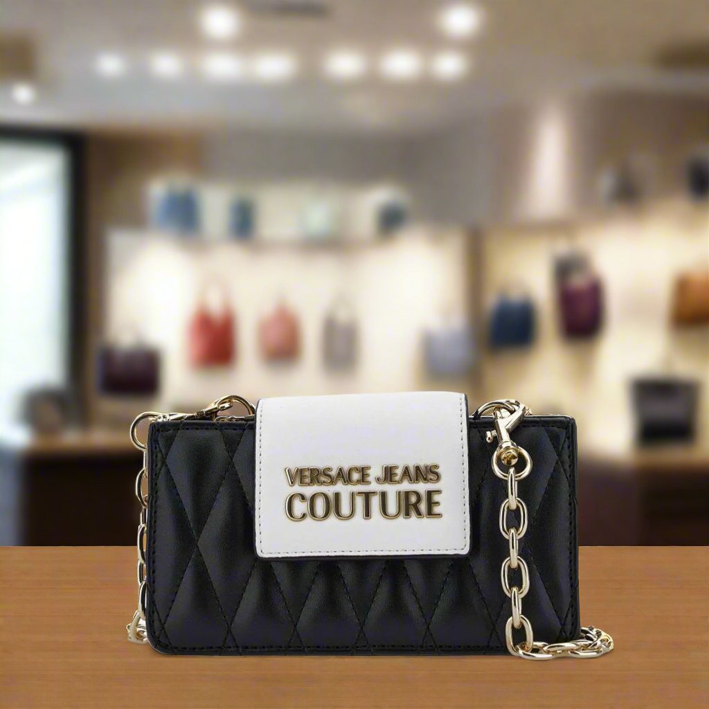 Versace Jeans Couture shoulder bag with gold emblem, synthetic material, stylish design and multiple color options available.