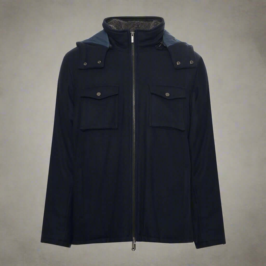 Navy blue jacket with a hood on a white background