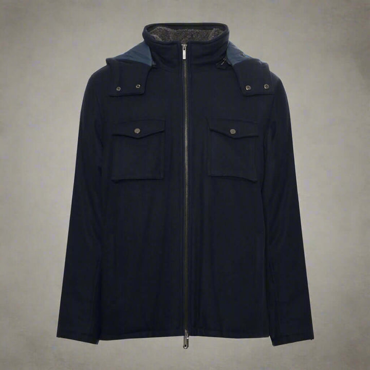 Navy blue jacket with a hood on a white background