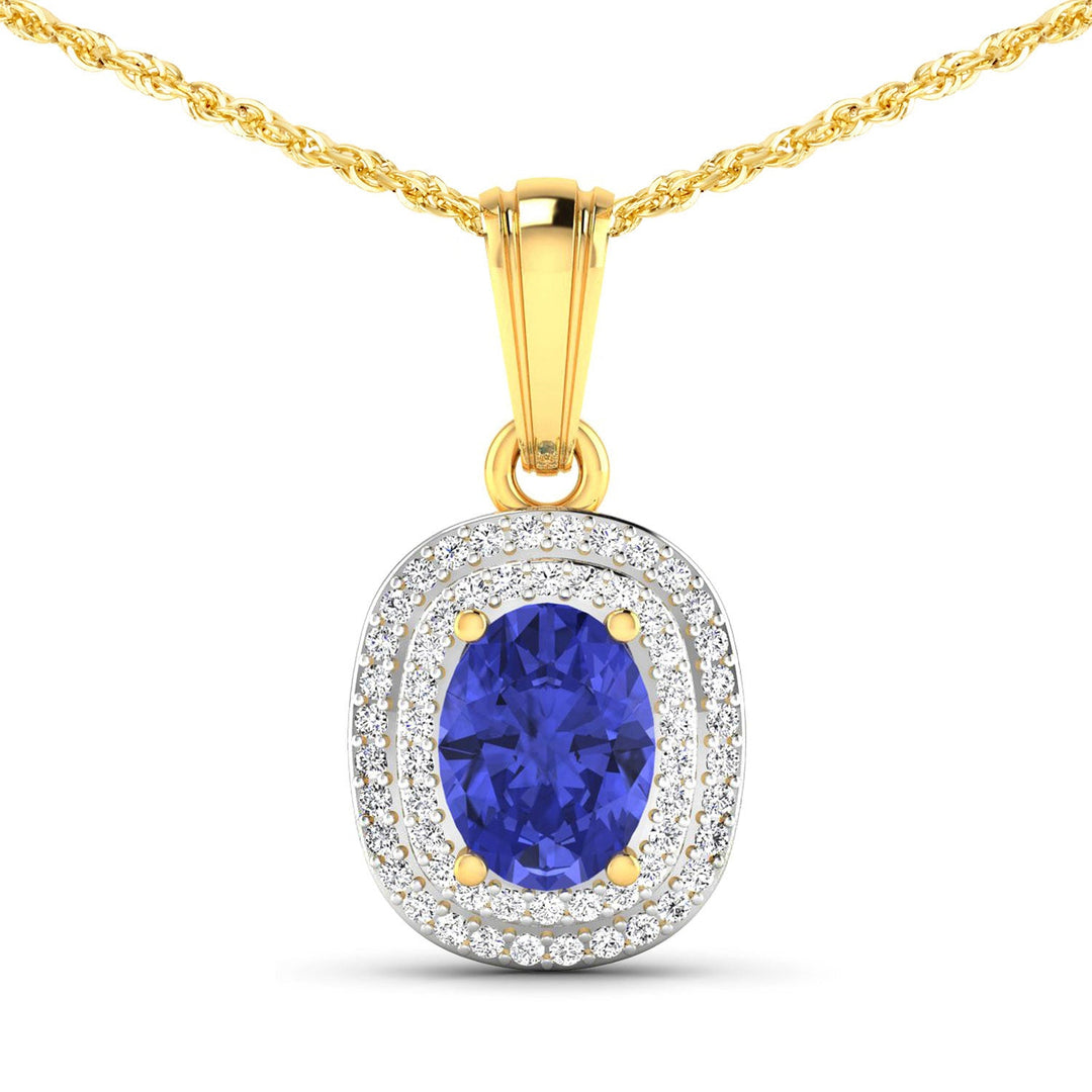 1.45 Carat Genuine Tanzanite and White Diamond 14K Yellow Gold Pendant