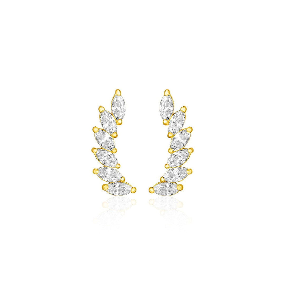 14k Yellow Gold Leaf Motif Climber Post Earrings with Marquise Cubic Zirconias
