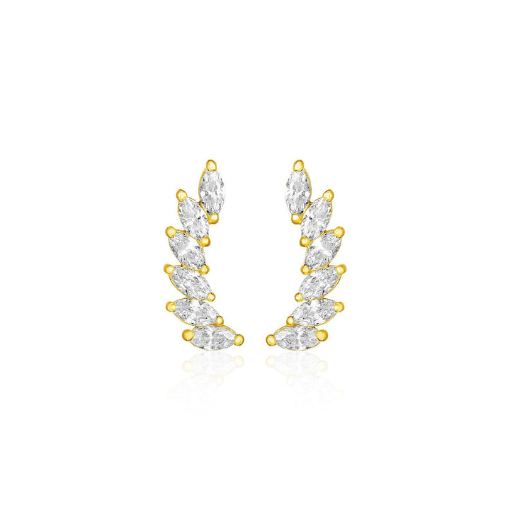 14k Yellow Gold Leaf Motif Climber Post Earrings with Marquise Cubic Zirconias