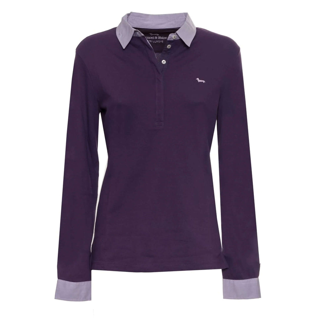 Purple long-sleeve polo shirt with a small logo on a white background