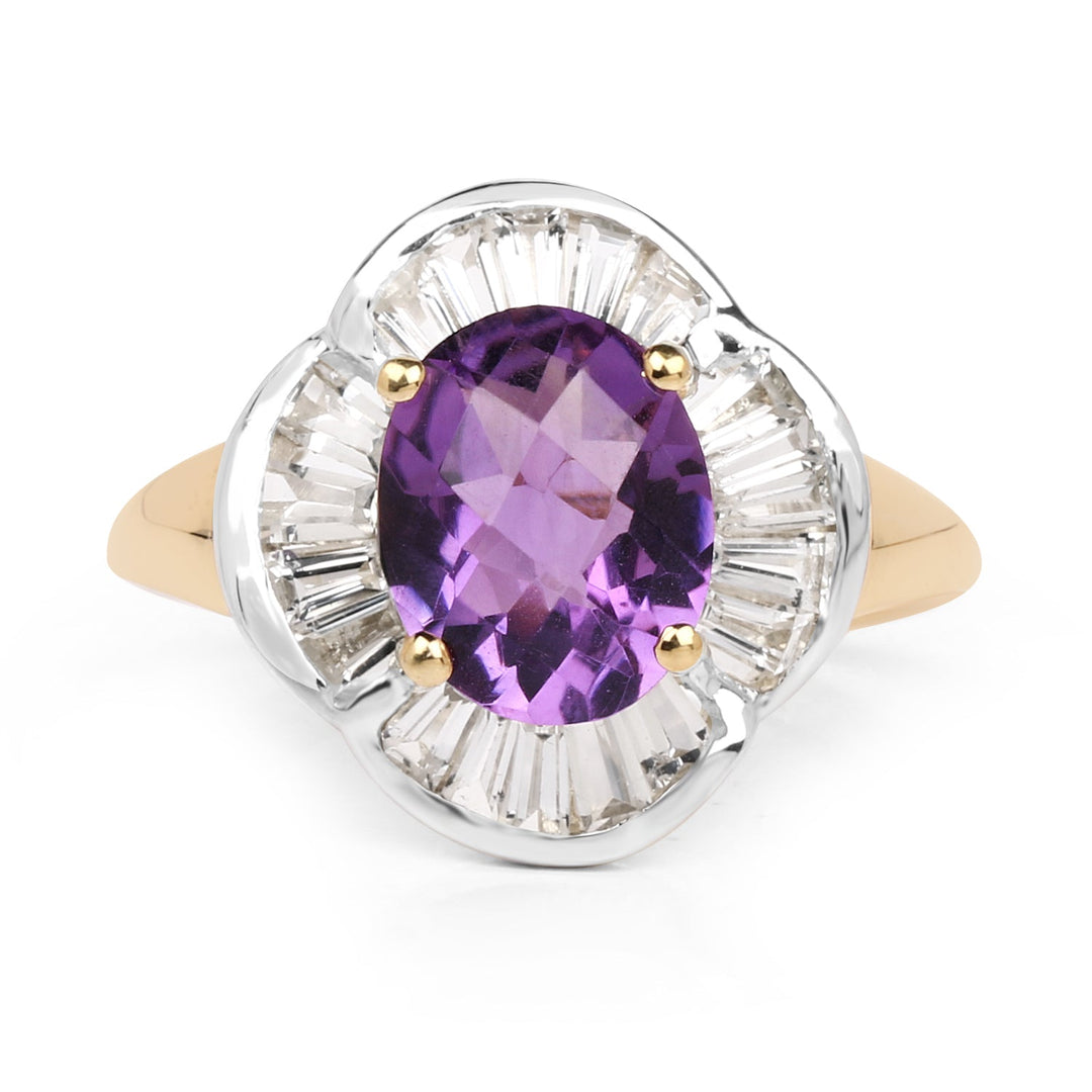 14K Yellow Gold Plated 3.35 Carat Genuine Amethyst &amp; White Topaz .925 Sterling Silver Ring