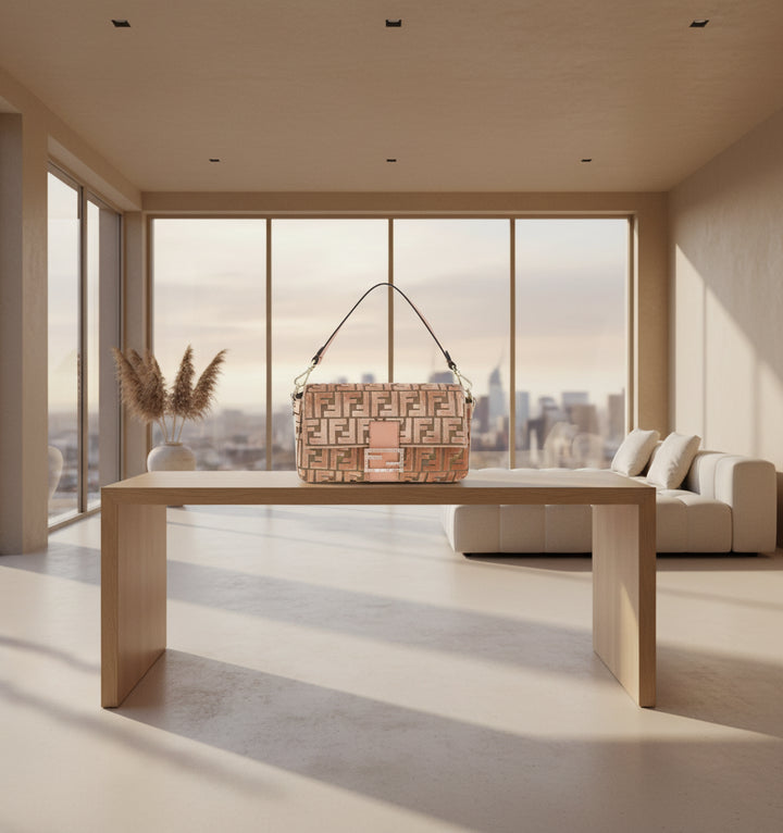 Designer handbag with a patterned design on a white background