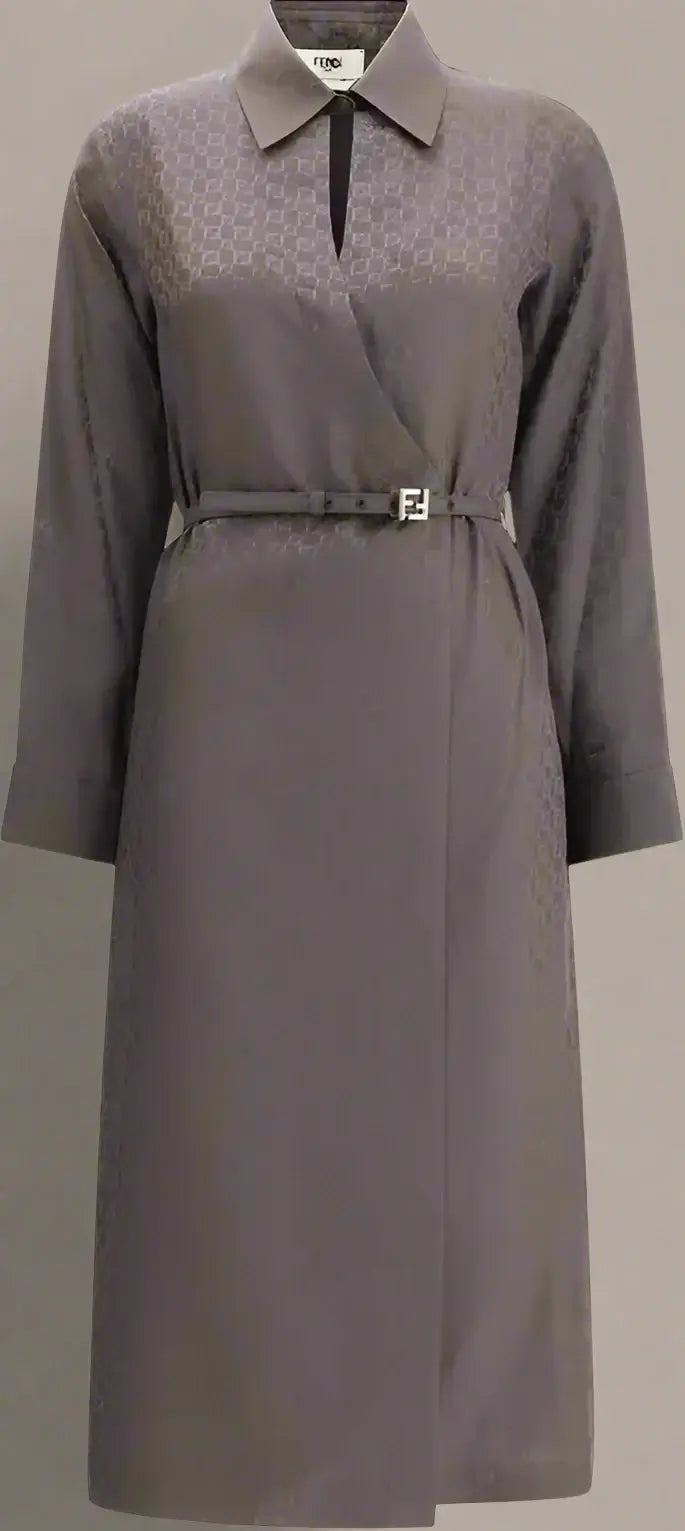 Gray dress with a belt on a plain background