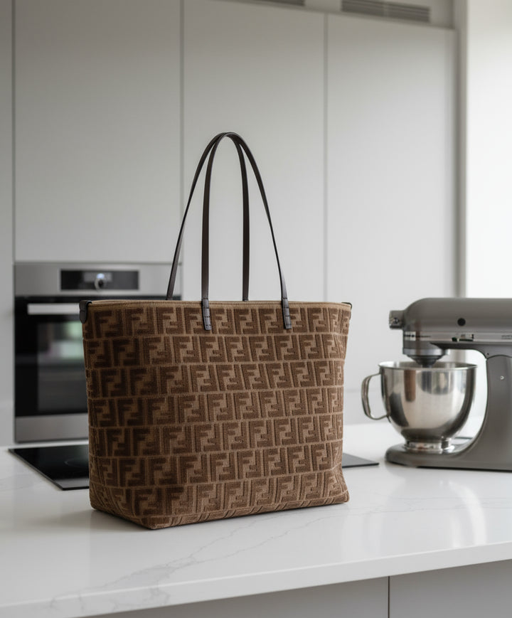 Brown patterned tote bag with black handles on a white background