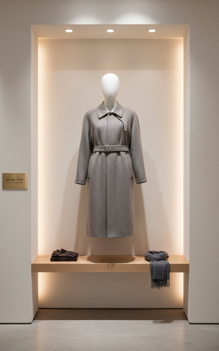 Gray coat with a belt on a white background