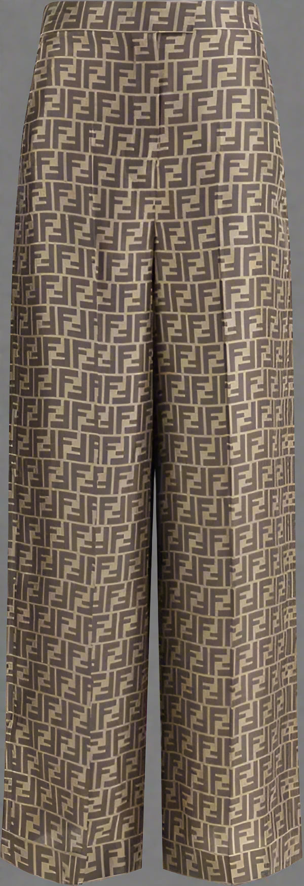 Wide-leg pants with a monogram pattern on a plain background