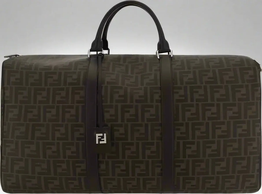 Brown travel bag with a prominent logo on a white background