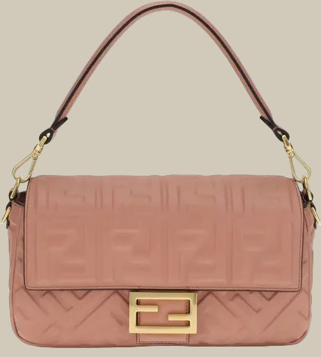 Pink handbag with gold accents on a white background