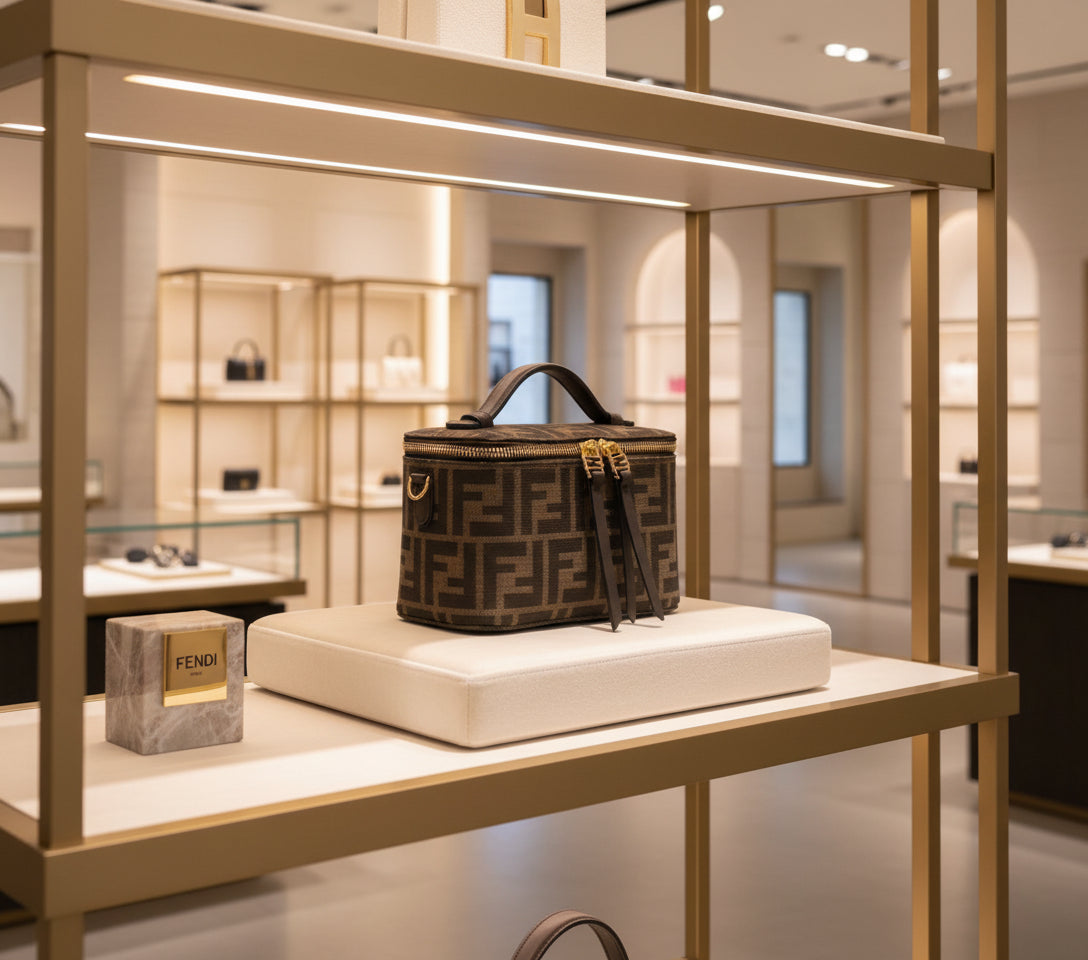 Designer handbag with a distinctive pattern on a white background