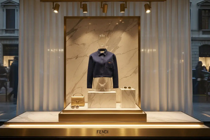 Blue denim jacket with 'Fendi' logo on a white background