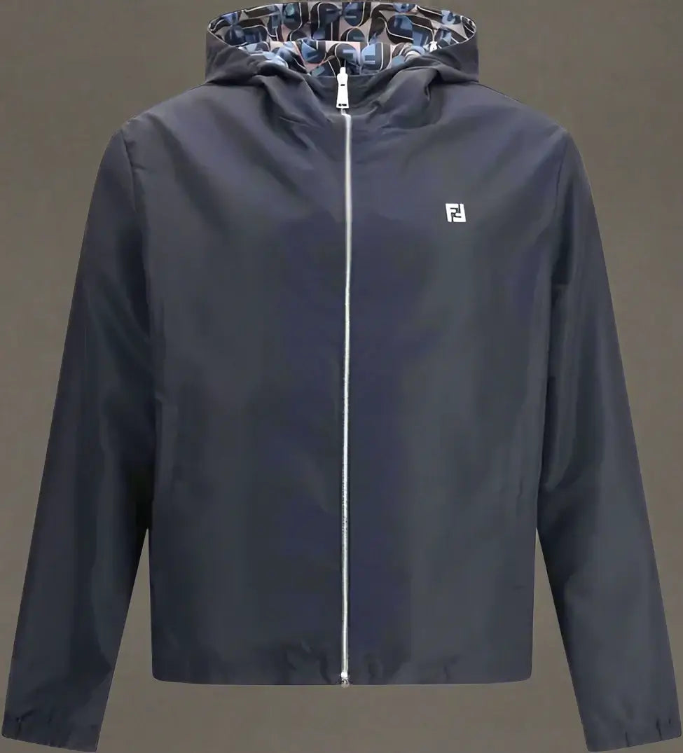 Navy rain jacket with a brand logo on a white background