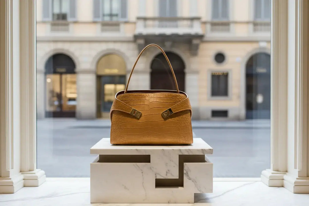 Brown textured handbag with gold accents on a white background