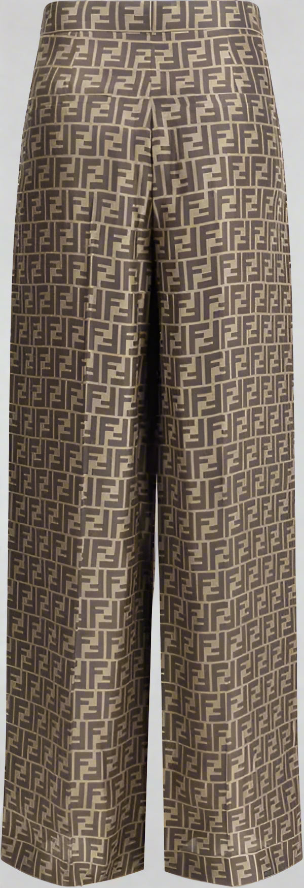 Wide-leg pants with a monogram pattern on a plain background