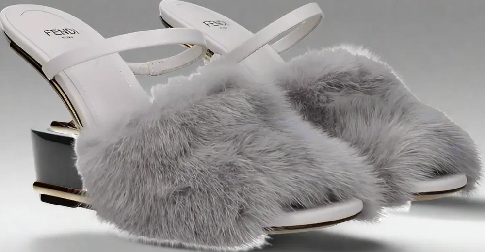 Gray furry sandals with white soles on a white background